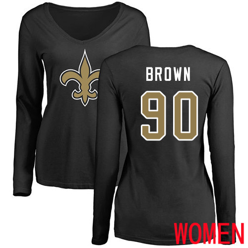 New Orleans Saints Black Women Malcom Brown Name and Number Logo Slim Fit NFL Football #90 Long Sleeve T Shirt->women nfl jersey->Women Jersey